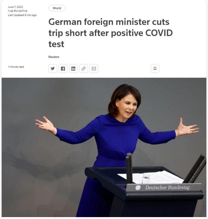 当地时间7日,德国外交部证实,正在访问巴基斯坦的德国外长贝尔伯克,在当地被确诊感染新冠病毒。图片来源:路透社报道截图 当地时间7日,德国外交部证实,正在访问巴基斯坦的德国外长贝尔伯克,在当地被确诊感染新冠病毒。图片来源:路透社报道截图
