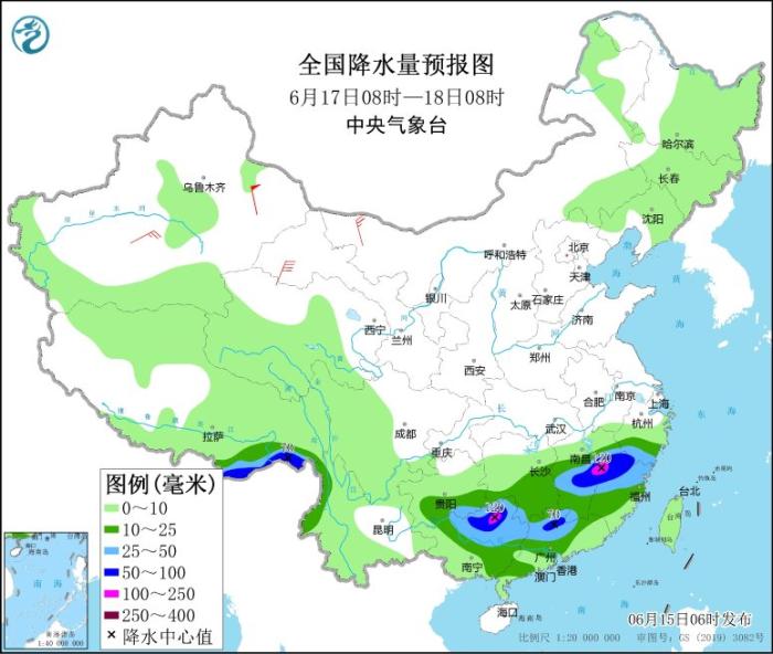 全国降水量预报图(6月17日08时-18日08时) 全国降水量预报图(6月17日08时-18日08时)