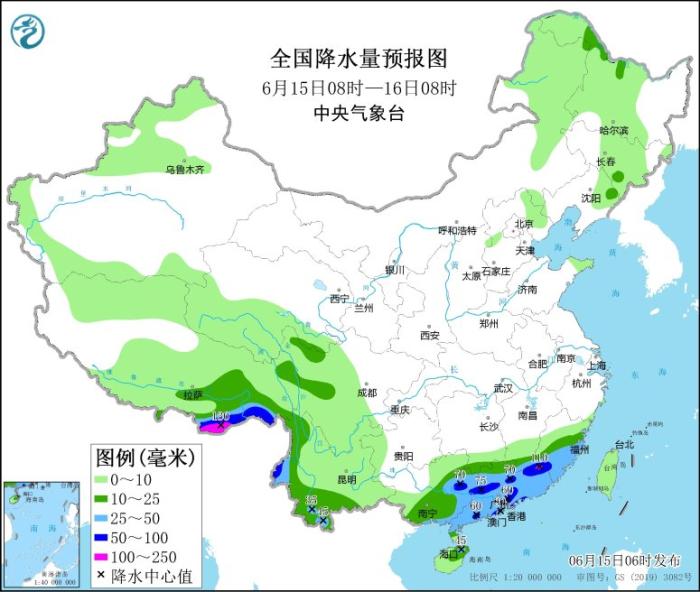 全国降水量预报图(6月15日08时-16日08时) 全国降水量预报图(6月15日08时-16日08时)