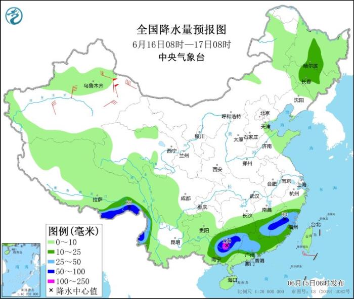 全国降水量预报图(6月16日08时-17日08时) 全国降水量预报图(6月16日08时-17日08时)