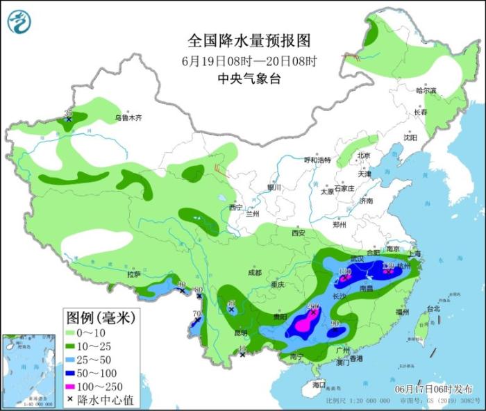 全国降水量预报图(6月19日08时-20日08时) 全国降水量预报图(6月19日08时-20日08时)