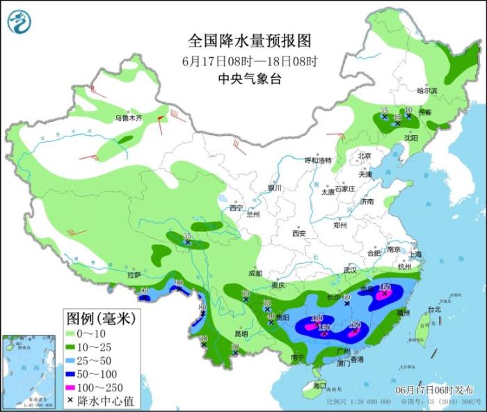 全国降水量预报图(6月17日08时-18日08时) 全国降水量预报图(6月17日08时-18日08时)
