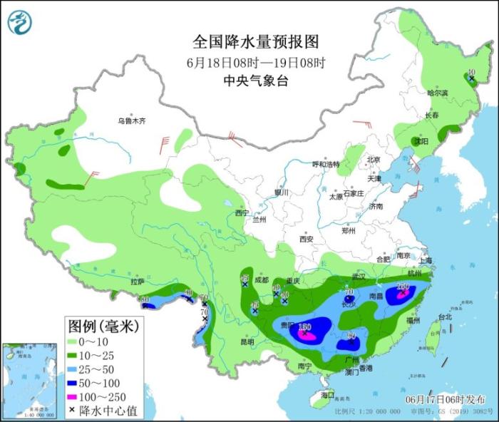 全国降水量预报图(6月18日08时-19日08时) 全国降水量预报图(6月18日08时-19日08时)
