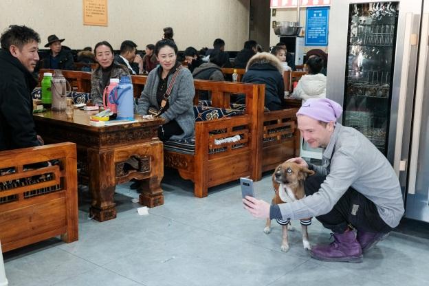 2021年，多国艺术家在西藏林芝参观传统村落、体验藏餐。图为波兰年轻艺术家白尾在西藏林芝一藏餐馆内与一只小狗拍照。	本报记者 江飞波 摄