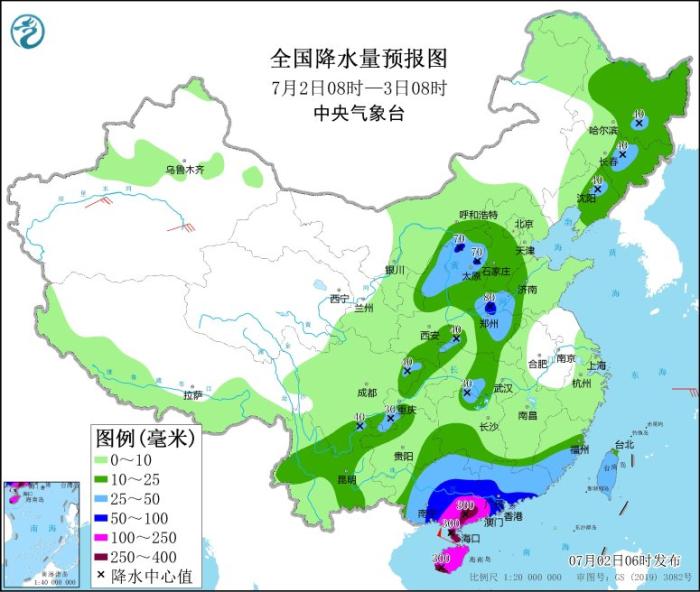 全国降水量预报图(7月2日08时-3日08时) 全国降水量预报图(7月2日08时-3日08时)