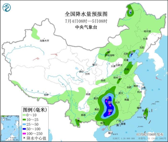 全国降水量预报图(7月4日08时-5日08时) 全国降水量预报图(7月4日08时-5日08时)