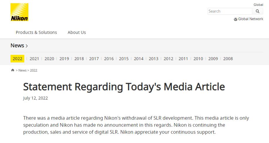 尼康网站截图。