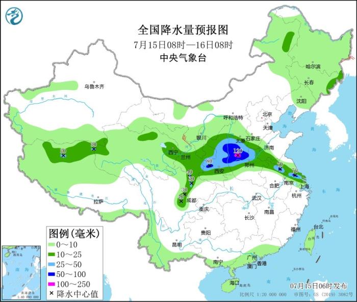 全国降水量预报图(7月15日08时-16日08时)